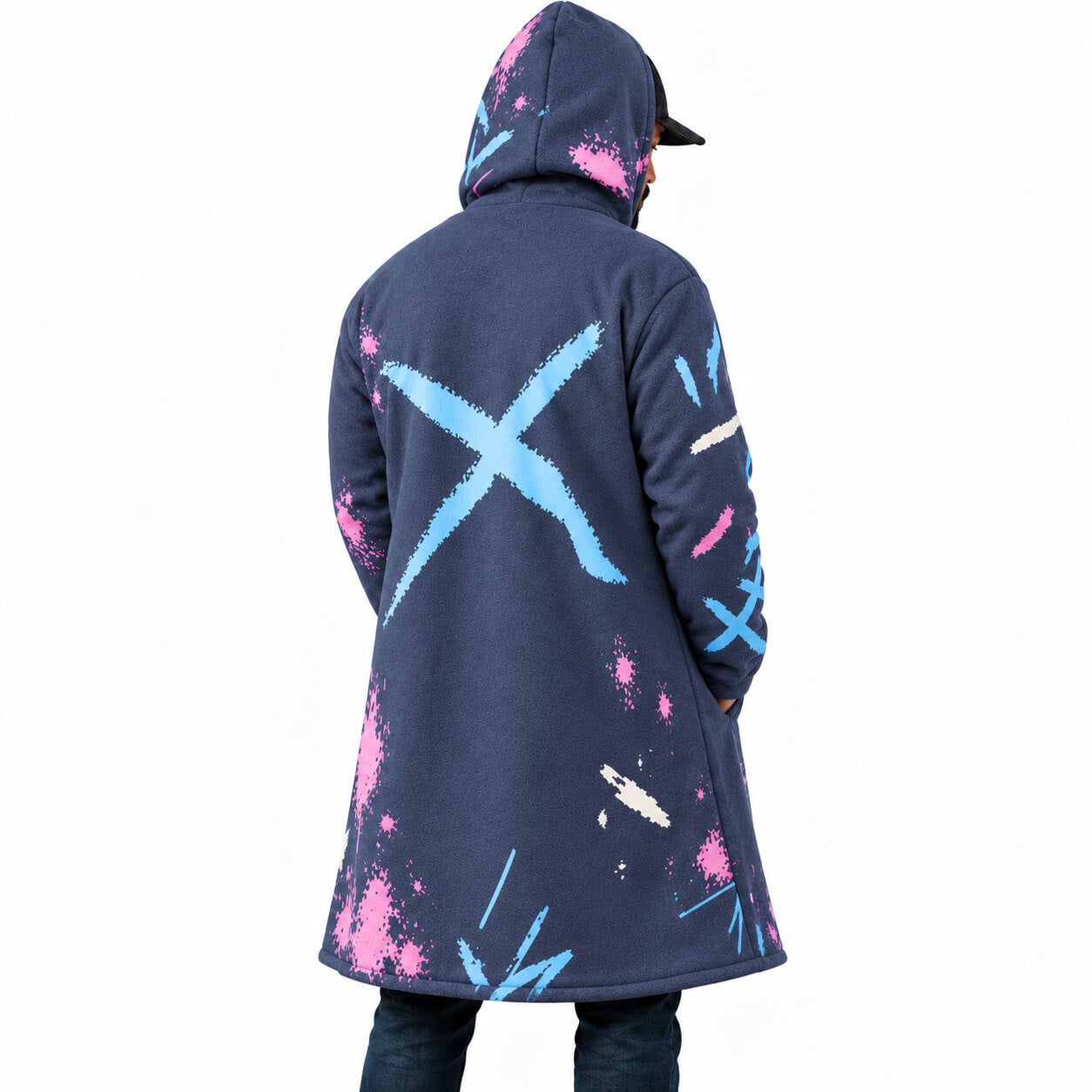 Graffiti Hooded Cloak Coat side view with pink and blue graphics