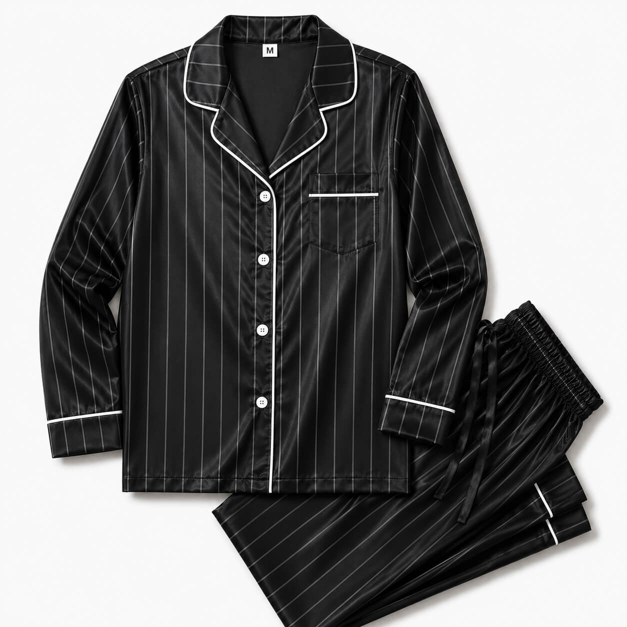 Men's Black Pinstripe Satin Pajama Set