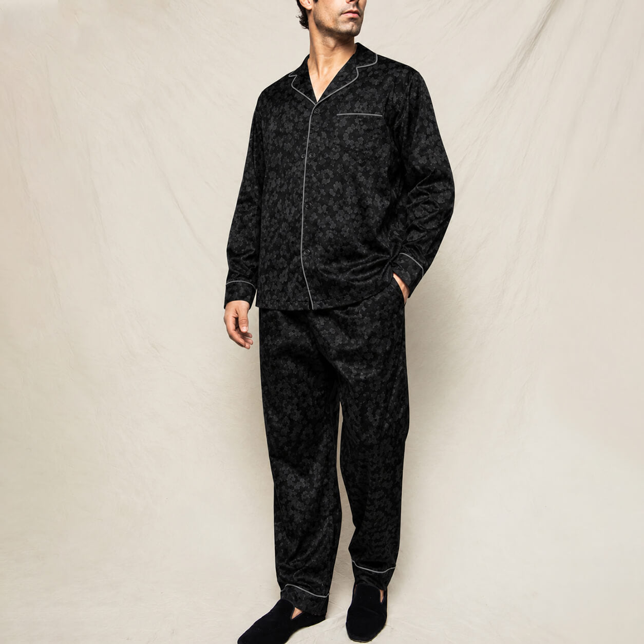 Men's Black Tonal Floral Satin Pajama Set