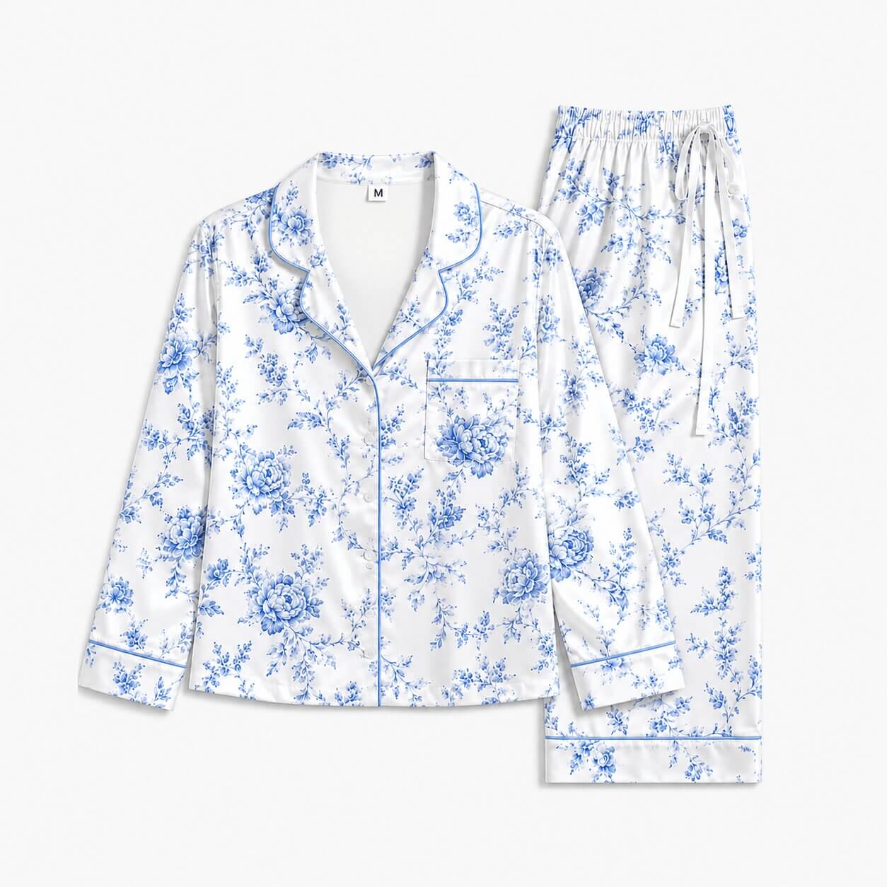 Women's Blue Botanical Satin Pajama Set