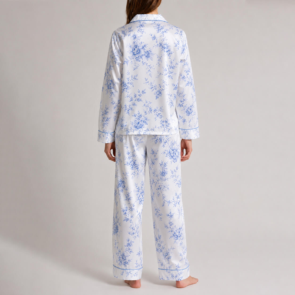 Women's Blue Botanical Satin Pajama Set