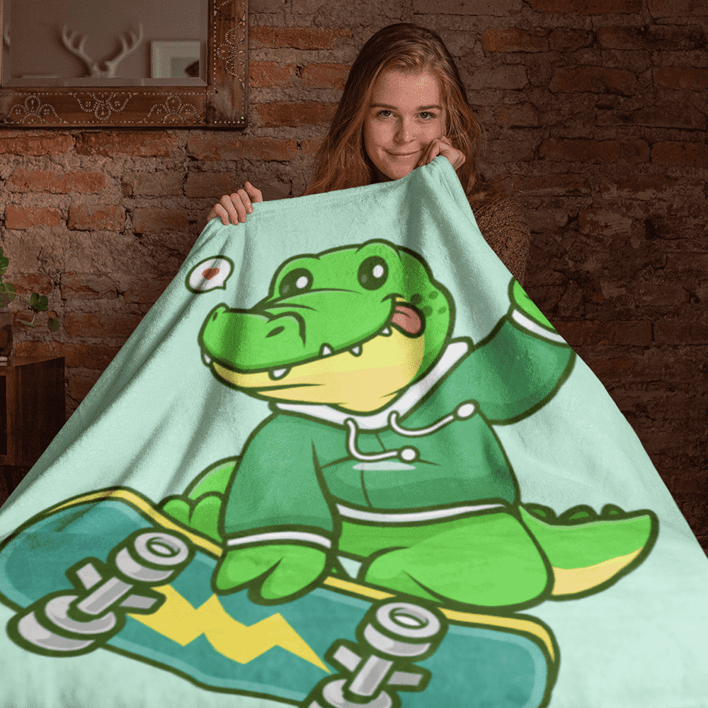 Cute Baby Dino Playing Skateboard Blanket