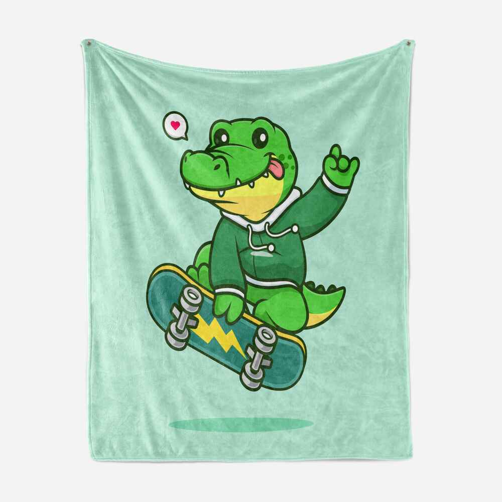 Cute Baby Dino Playing Skateboard Blanket