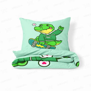 Cute Baby Dino Playing Skateboard Duvet Cover Bedding