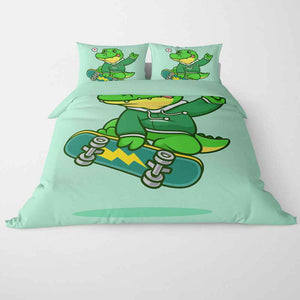 Cute Baby Dino Playing Skateboard Duvet Cover Bedding
