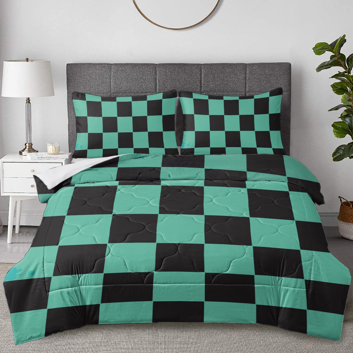 Kimetsu Classic Green Check Pattern Comforter Bedding