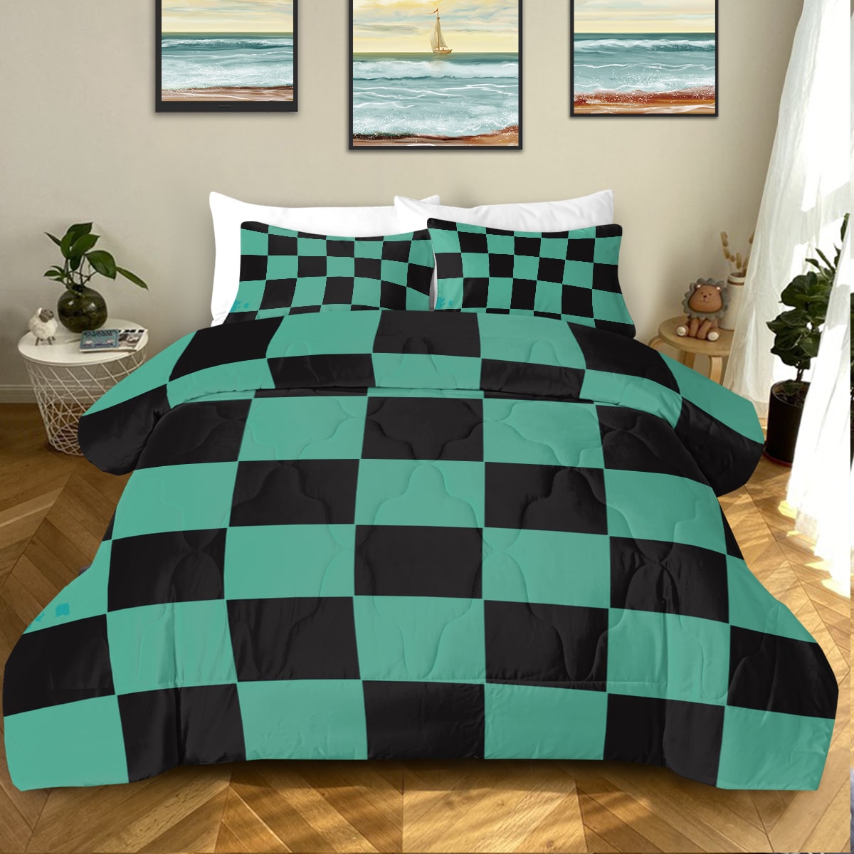 Kimetsu Classic Green Check Pattern Comforter Bedding