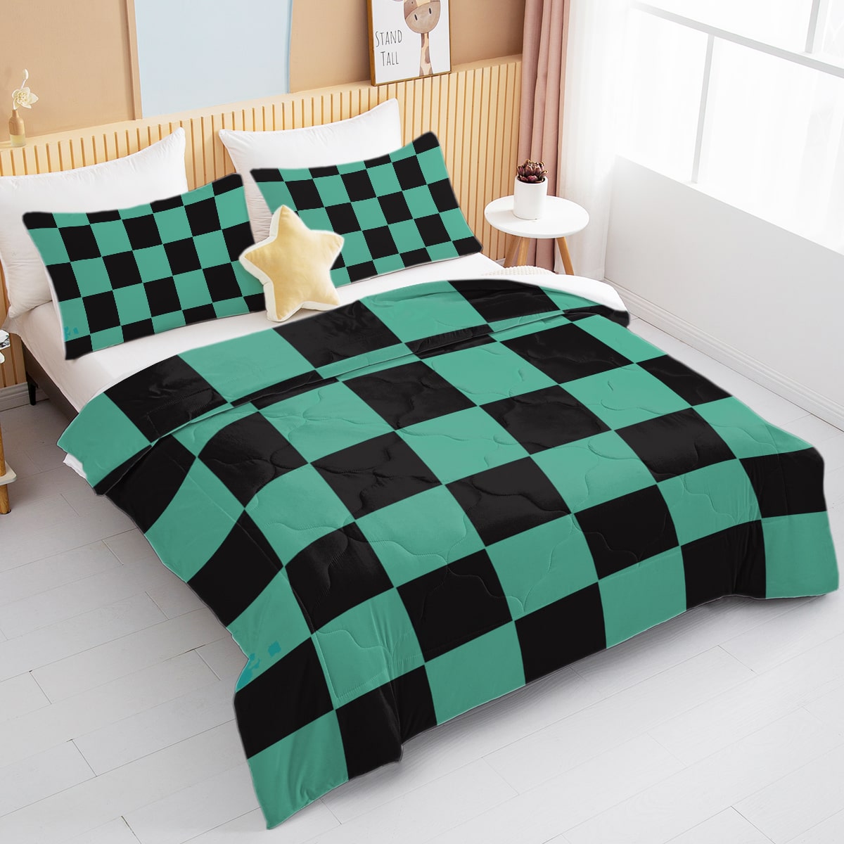 Kimetsu Classic Green Check Pattern Comforter Bedding