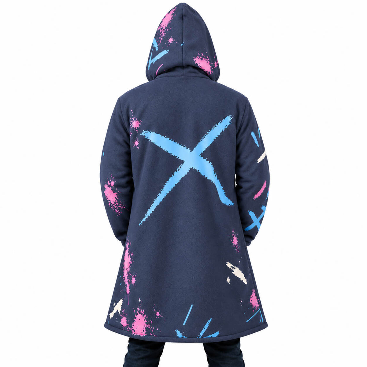 Graffiti Hooded Cloak Coat back view with blue cross graphic