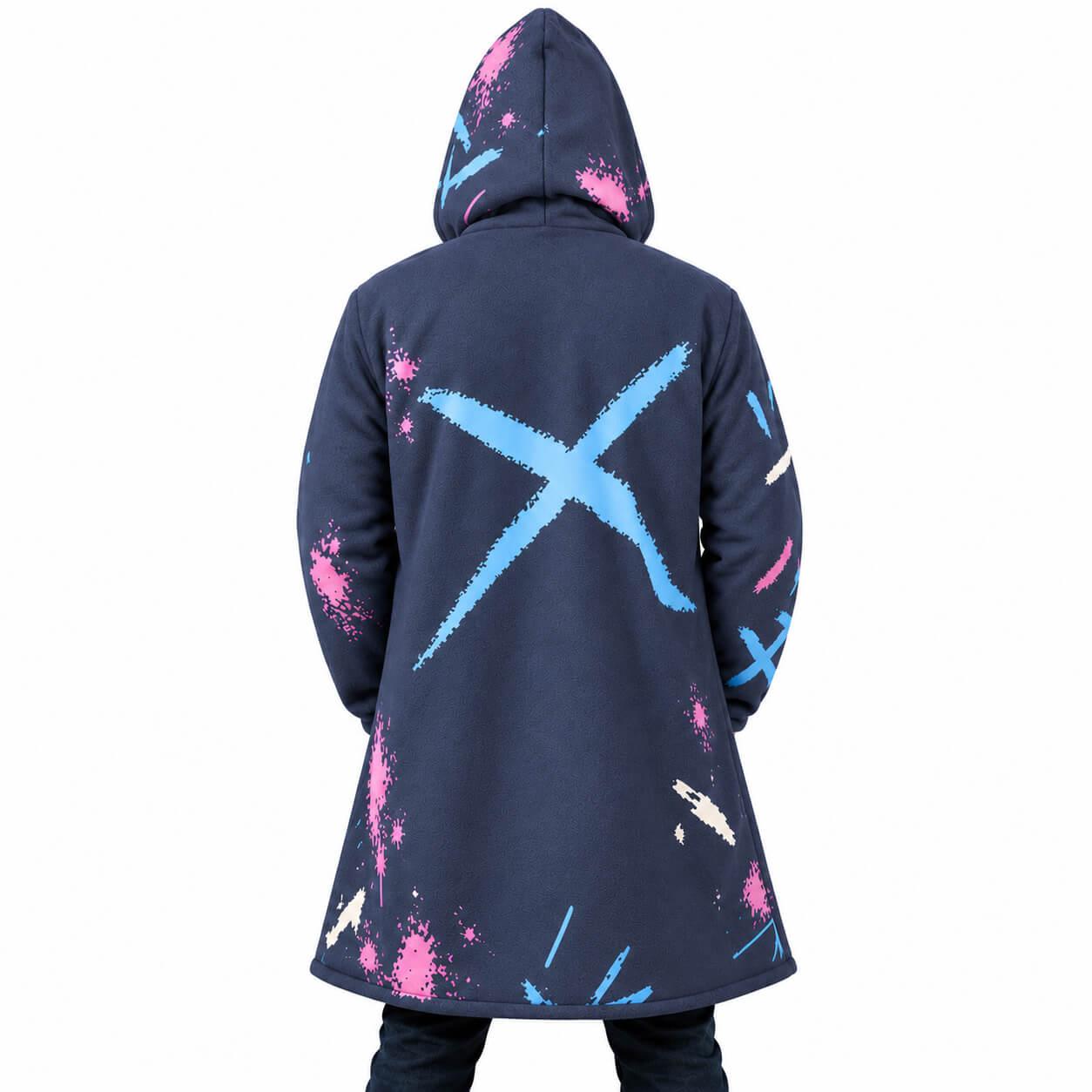 Graffiti Hooded Cloak Coat back view with blue cross graphic