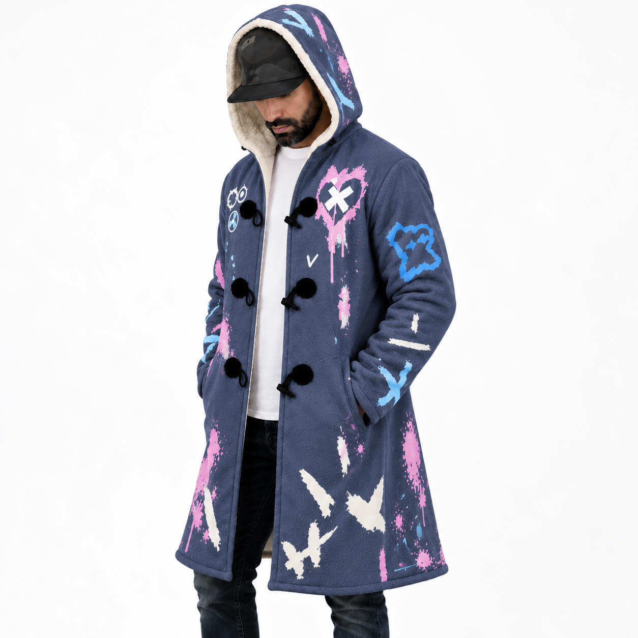 Graffiti Hooded Cloak Coat back view with blue cross graphic