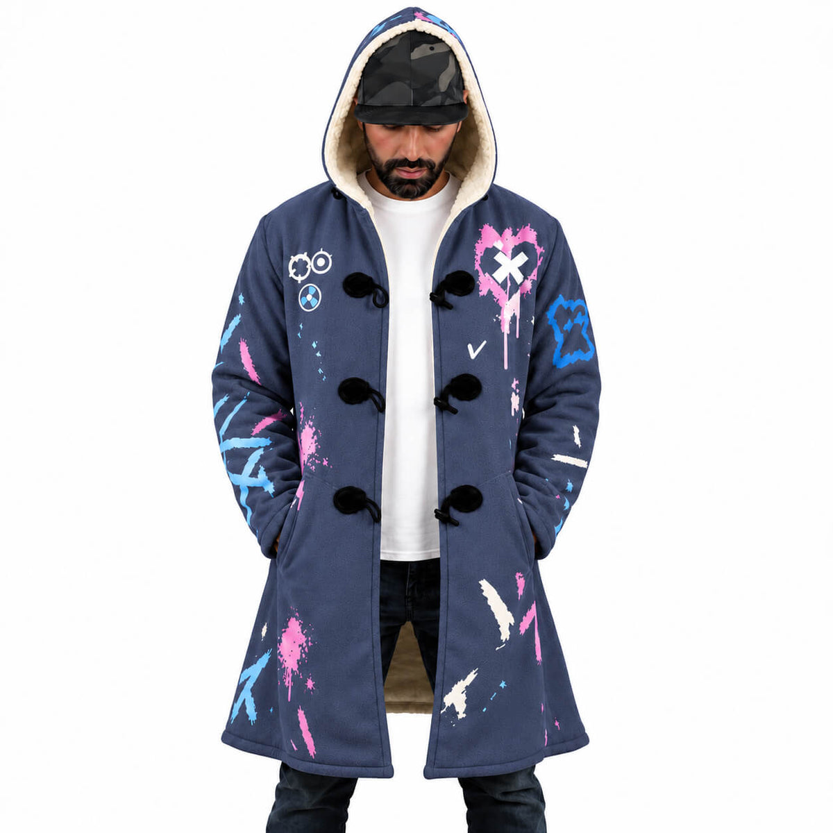 Graffiti Hooded Cloak Coat with hood up
