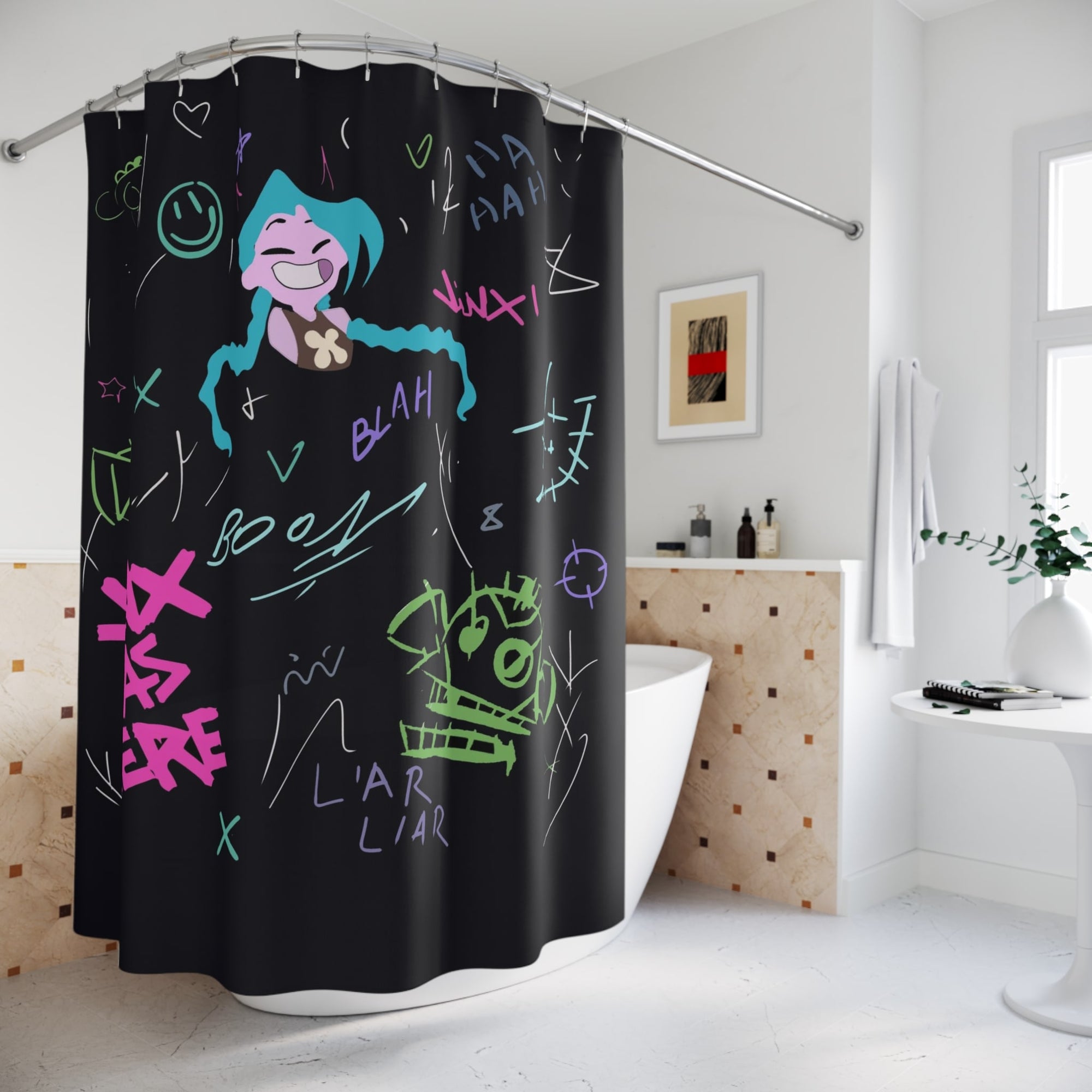 Jinx Was Here Gafitti Design Dark Blue Shower Curtains