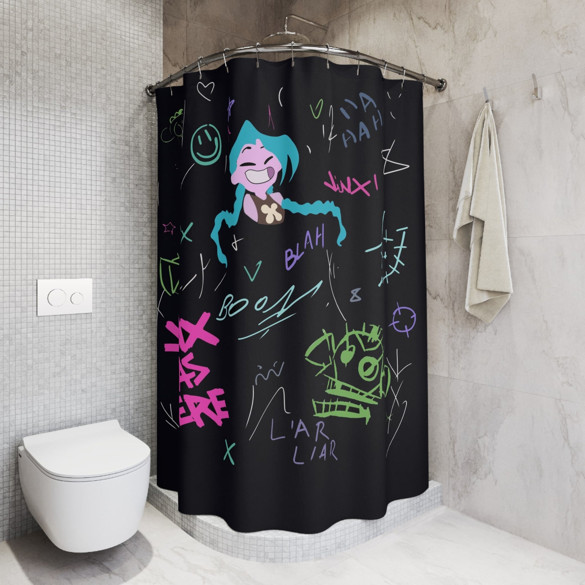 Jinx Was Here Gafitti Design Dark Blue Shower Curtains