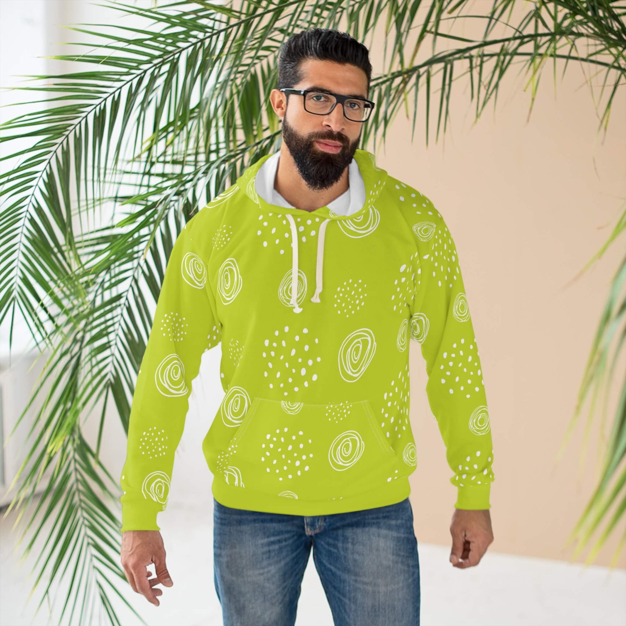 Lemon Green Floral Pattern Pullover Hoodie