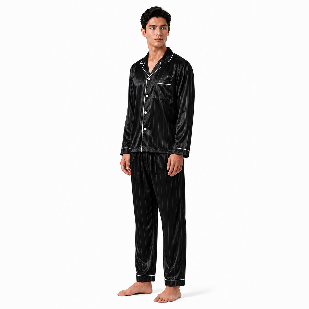Men's Black Pinstripe Satin Pajama Set