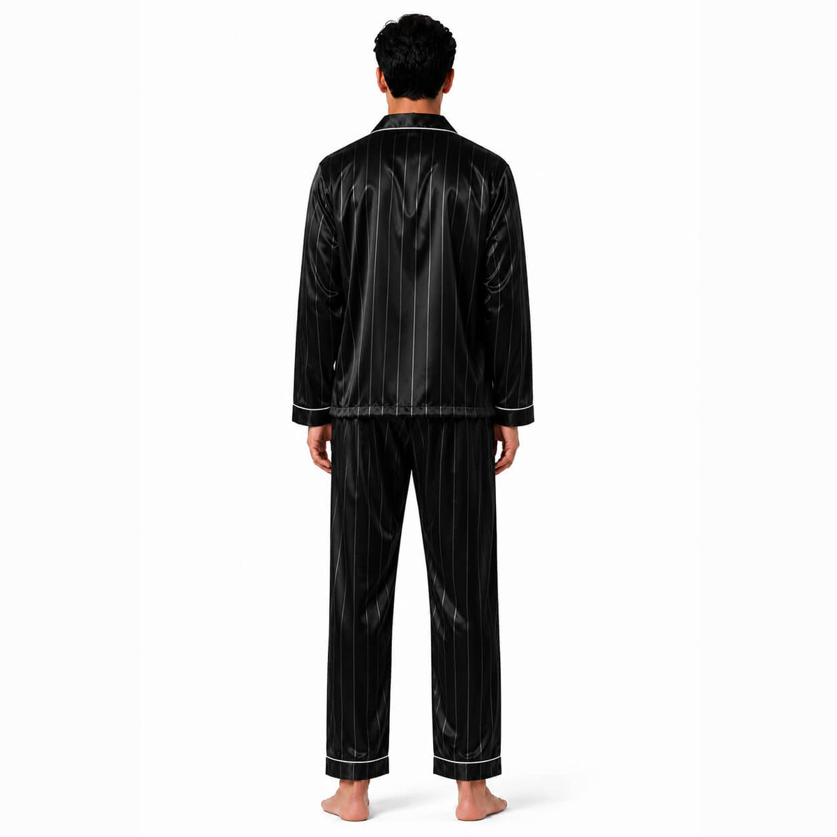 Men's Black Pinstripe Satin Pajama Set