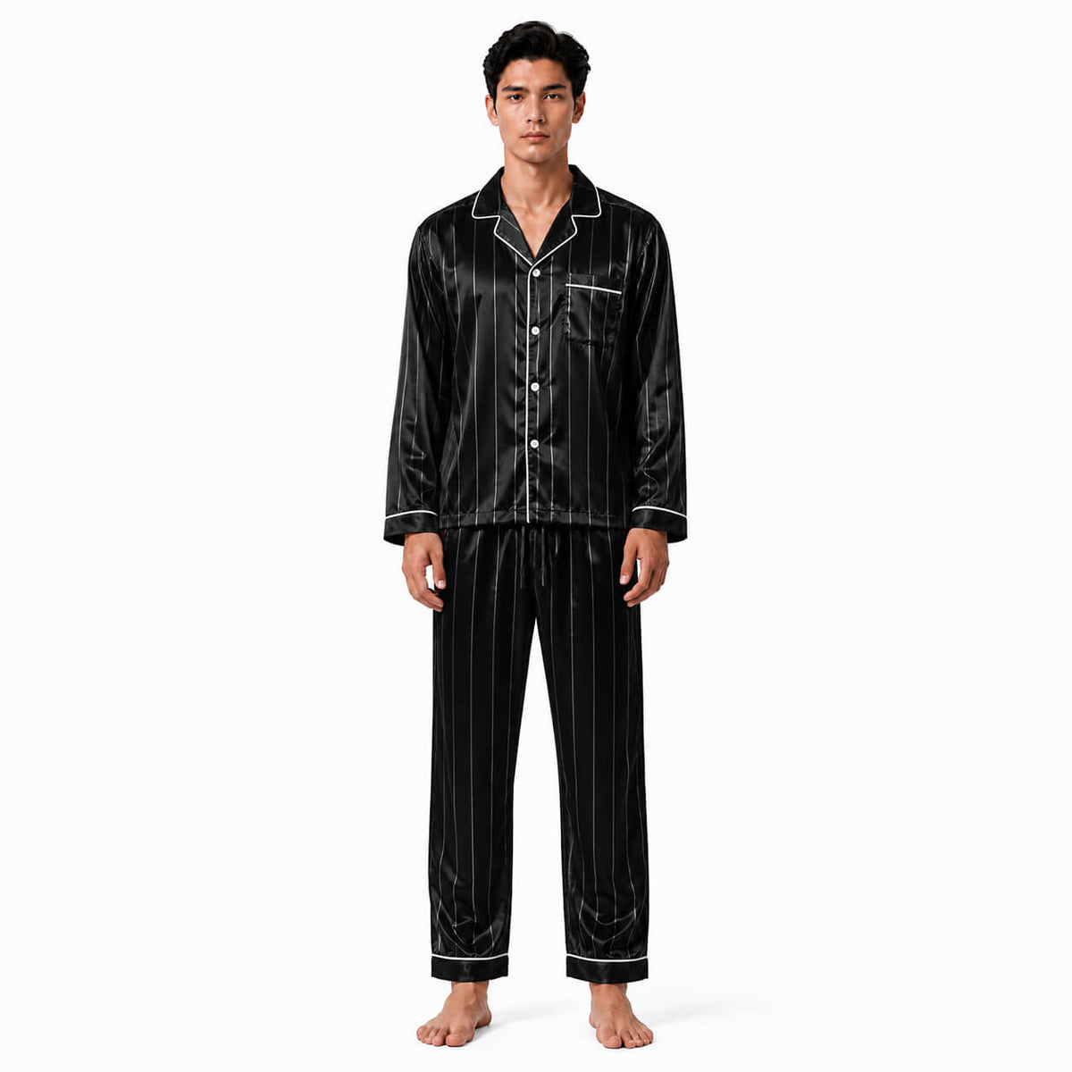 Men's Black Pinstripe Satin Pajama Set