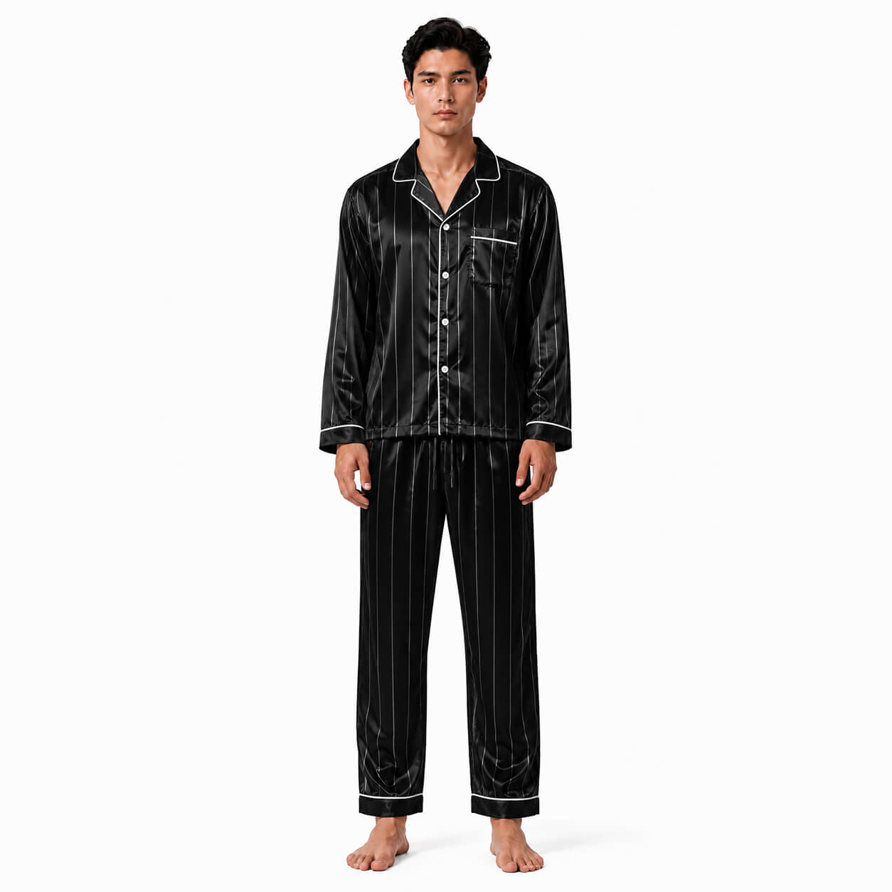 Men's Black Pinstripe Satin Pajama Set