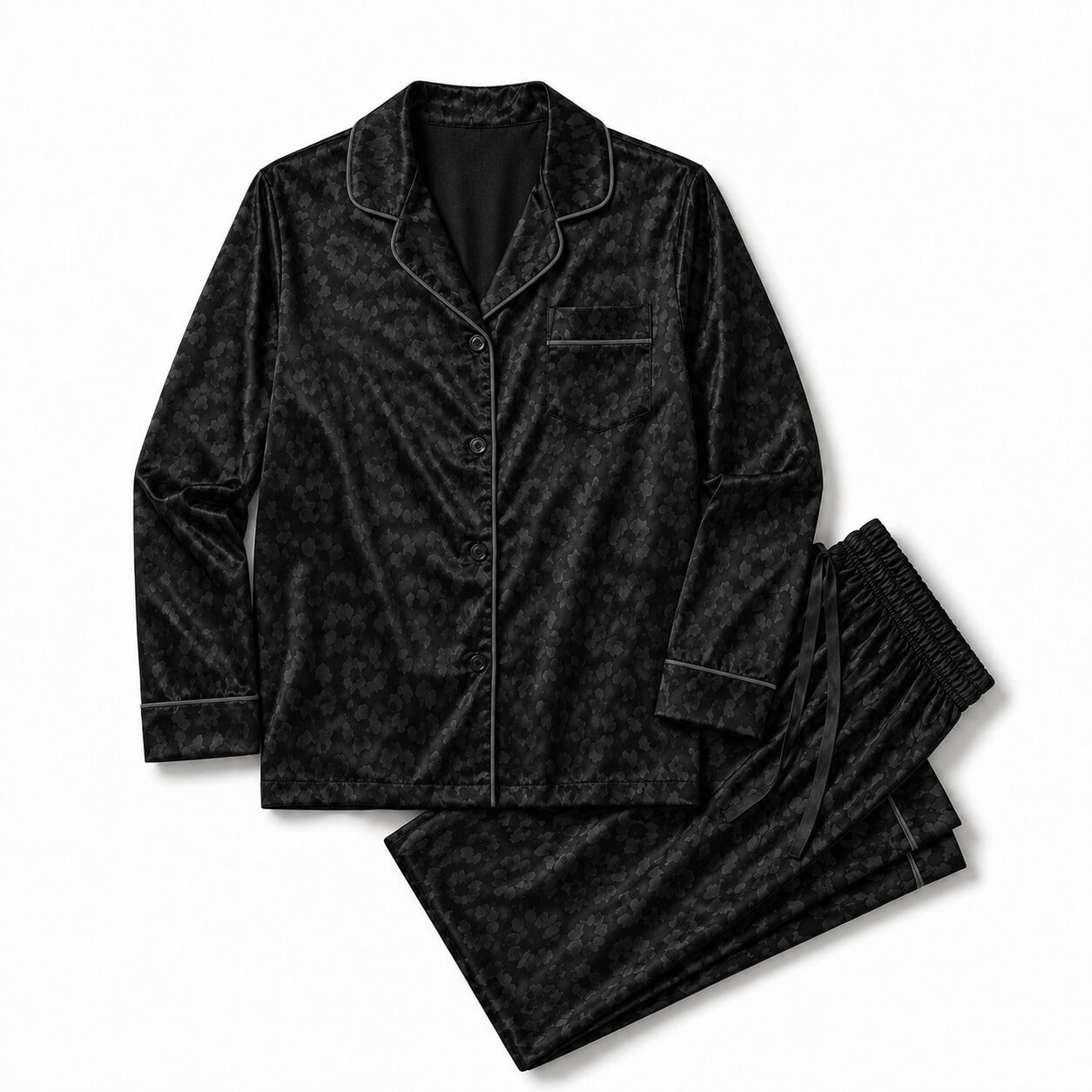 Men's Black Tonal Floral Satin Pajama Set