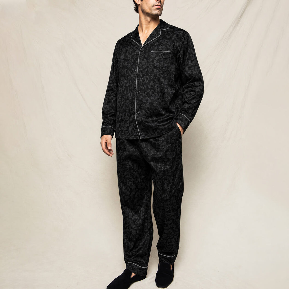 Men's Black Tonal Floral Satin Pajama Set