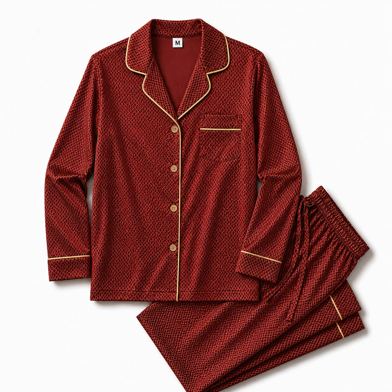 Men's Burgundy Crocodile Texture Satin Pajama Set