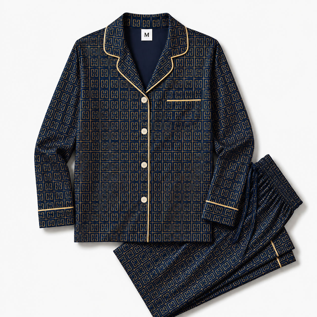 Men's Navy Geometric Satin Pajama Set