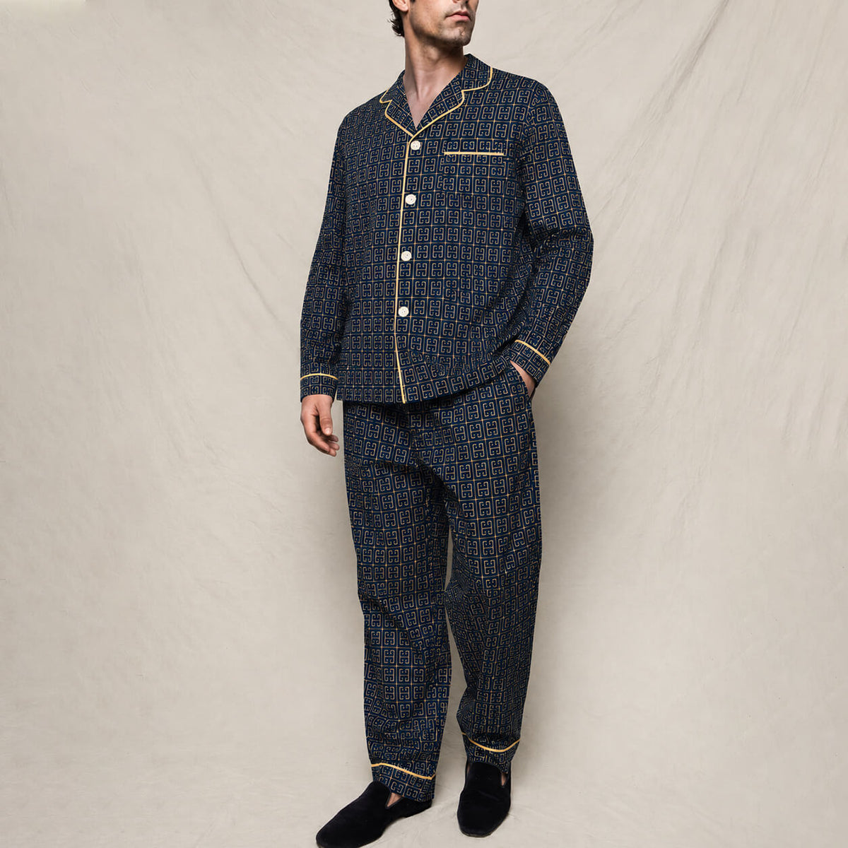 Men's Navy Geometric Satin Pajama Set
