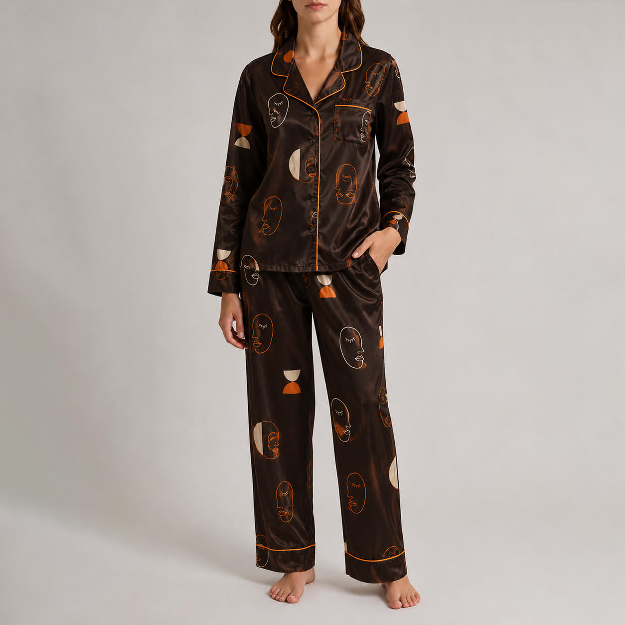 Women's Abstract Faces Satin Pajama Set