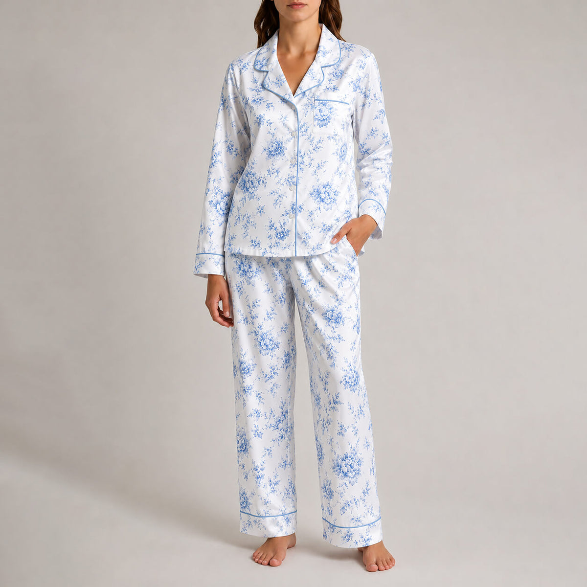 Women's Blue Botanical Satin Pajama Set