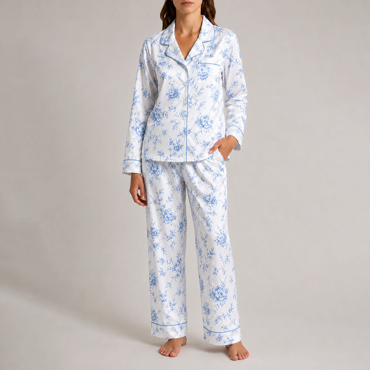 Women's Blue Botanical Satin Pajama Set