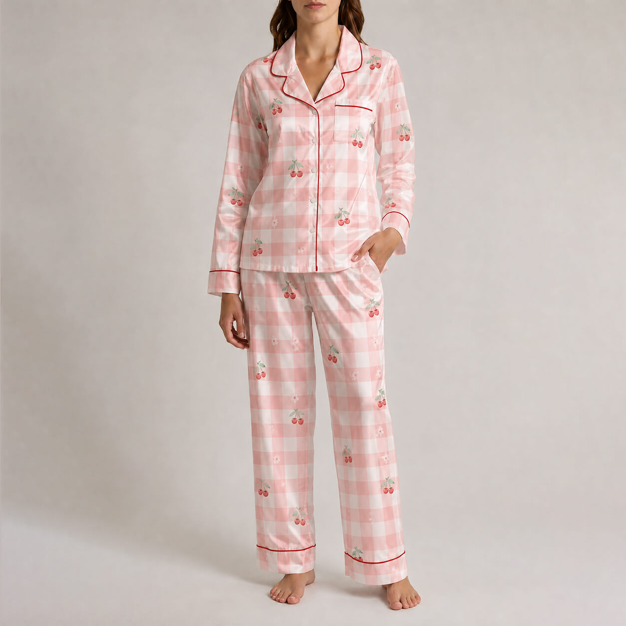 Women's Cherry Check Satin Pajama Set