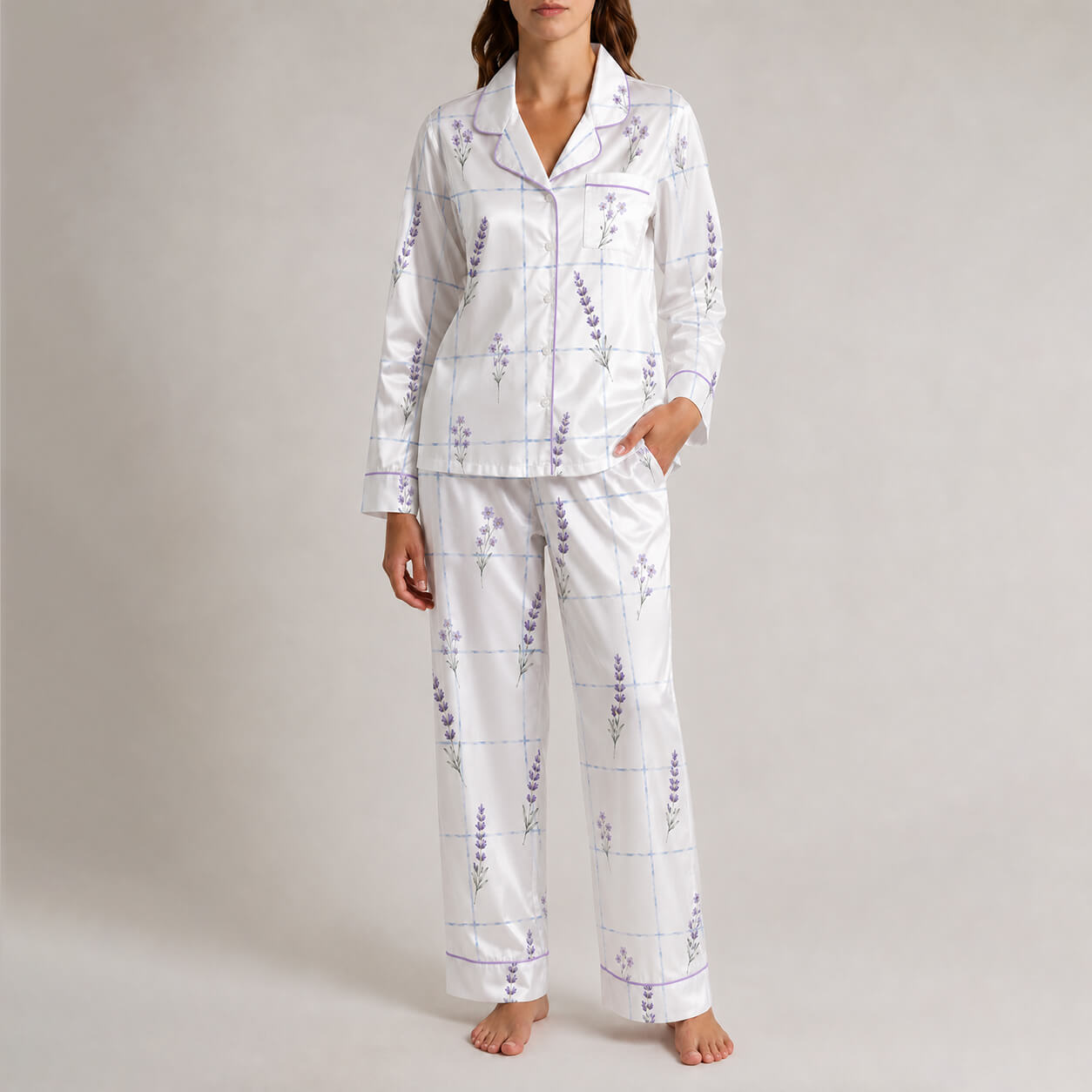 Women's Lavender Check Satin Pajama Set