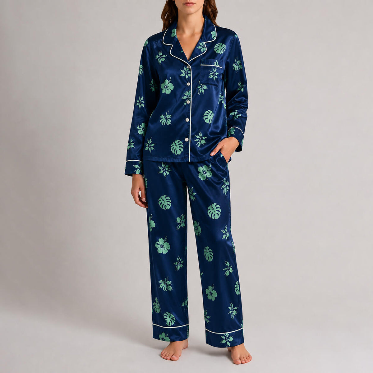 Women's Midnight Botanical Satin Pajama Set