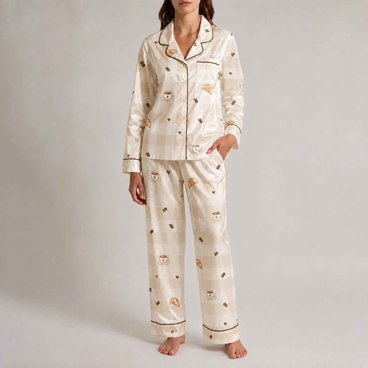 Women's Coffee Silky Satin Pajama Set