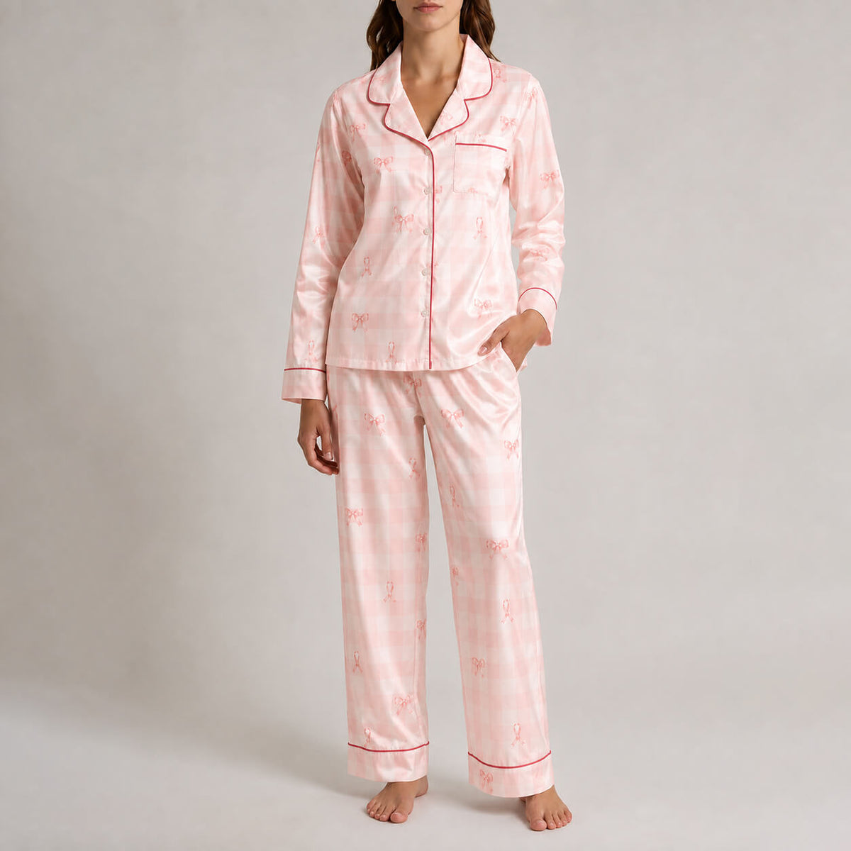 Women's Pink Ribbon Satin Pajama Set