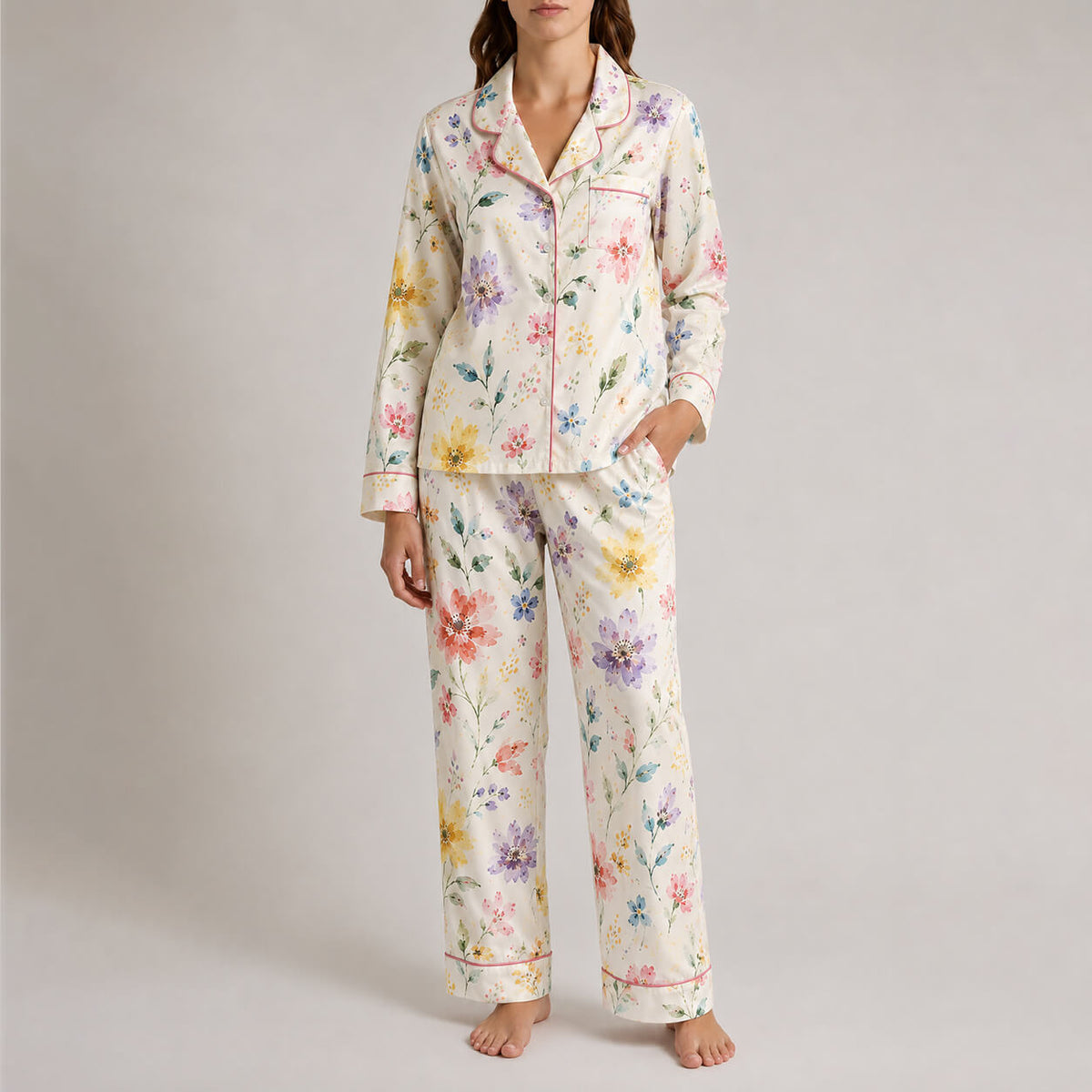 Women's Watercolor Floral Satin Pajama Set