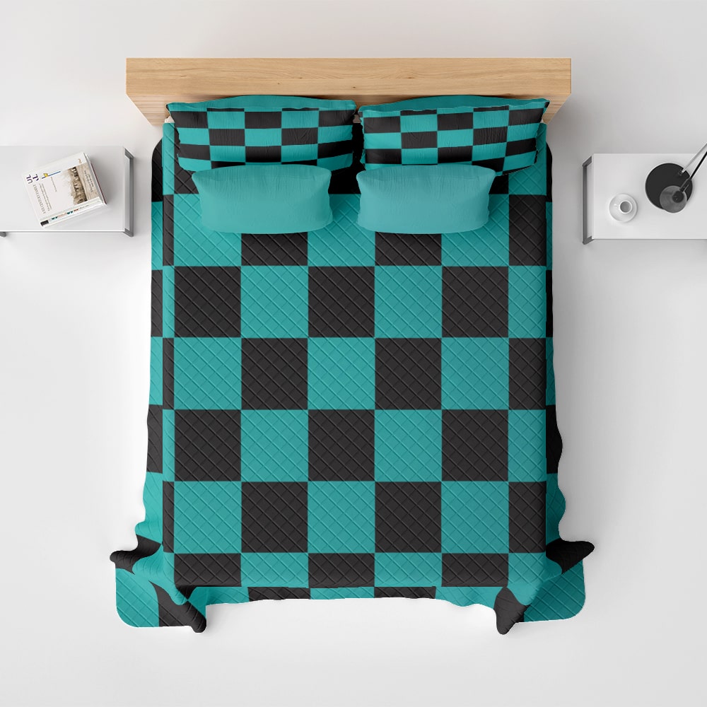 kimetsu na Classic Green Check Bedspread Quilt Set