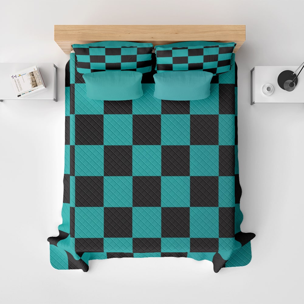 Demon Slaying Check Pattern Bedspread Quilt Set