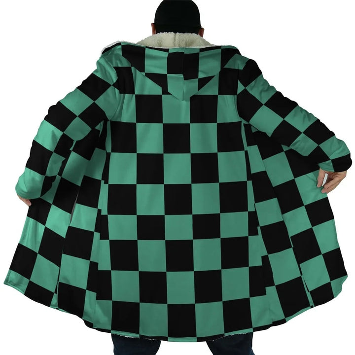 Demon Slaying Corps Check Pattern Fleece Hooded Cloak Coat