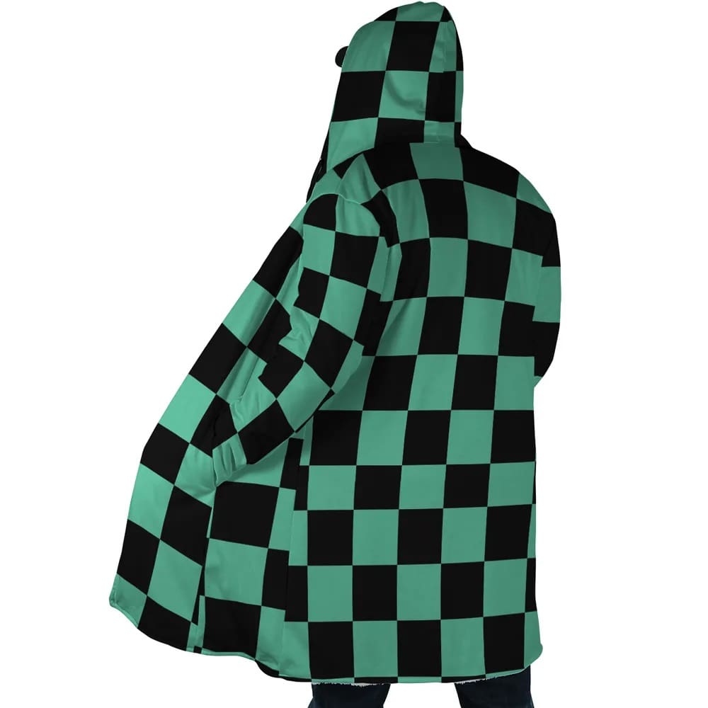 kimetsu na Classic Green Check Fleece Hooded Cloak Coat