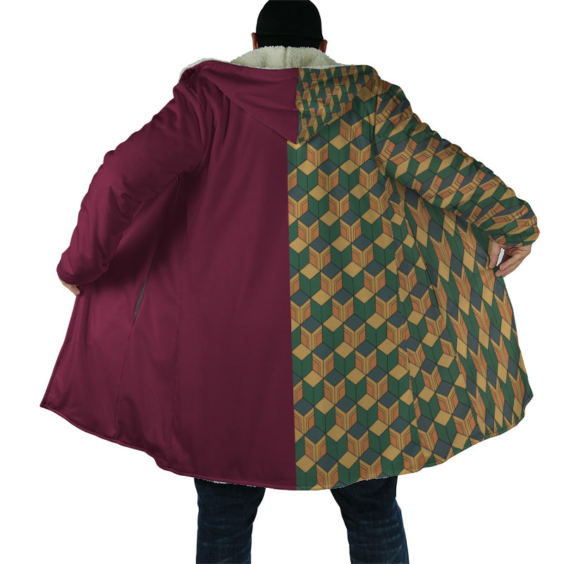 Water Pillar Overlap Checkered Pattern Fleece Hooded Cloak Coat