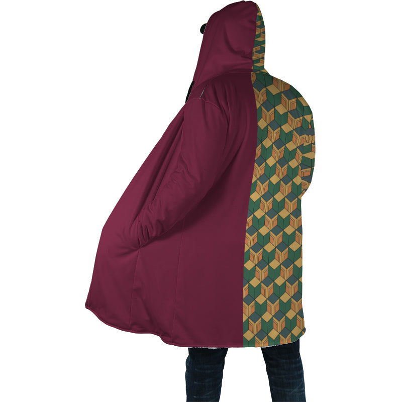 Water Pillar Overlap Checkered Pattern Fleece Hooded Cloak Coat