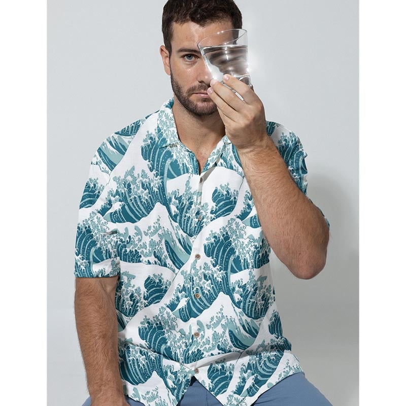 Waves of Kangava Premium Brushhed Pattern Casual Short Sleeve Hawaiian Shirt
